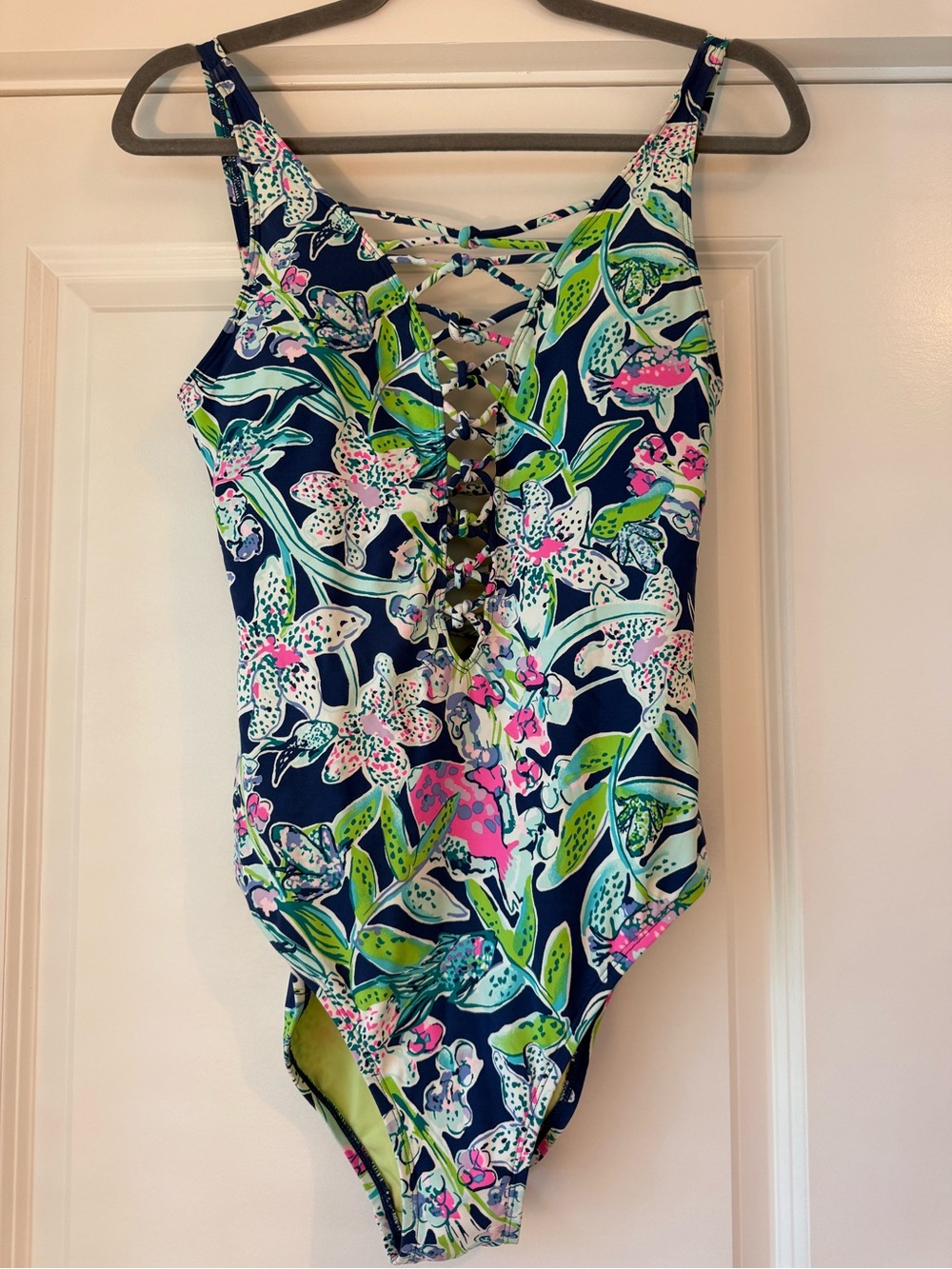 Lilly Pulitzer Isle Lattice One-Piece Swimsuit Bright Navy Sway This Way Size 6